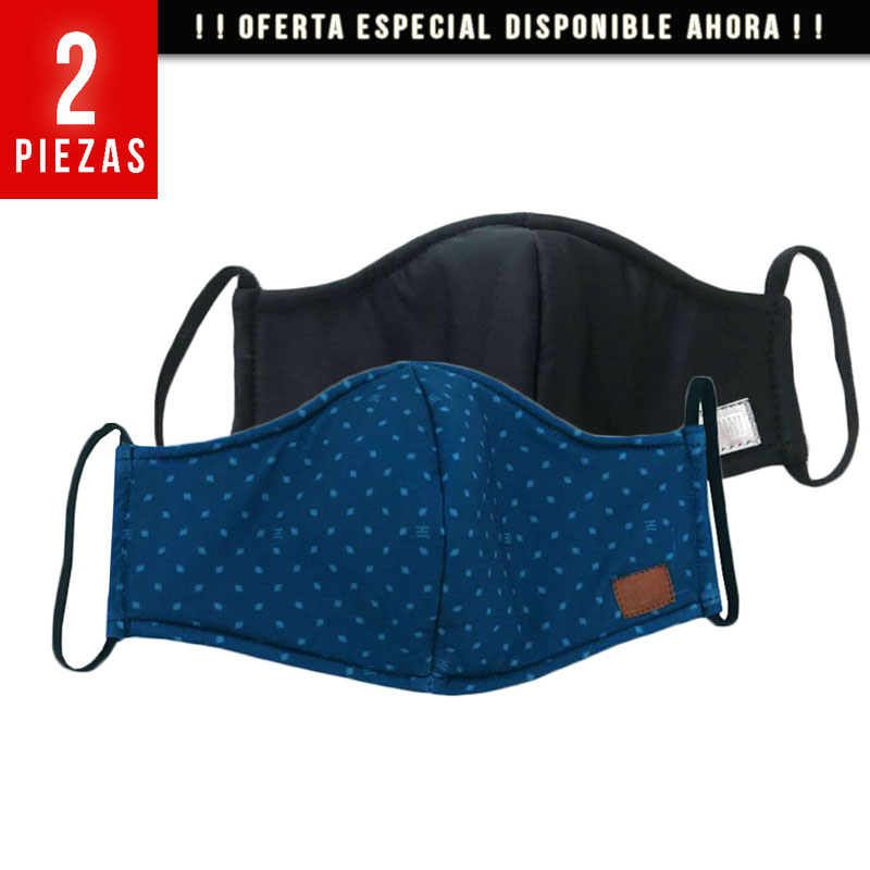 Mascarillas cubrebocas Paquete 2pz HOMBRE lavables/reusables con fibra anti-microbiana SILVADUR® Tecnología de EEUU (NEGRO +MINIMALIST) 