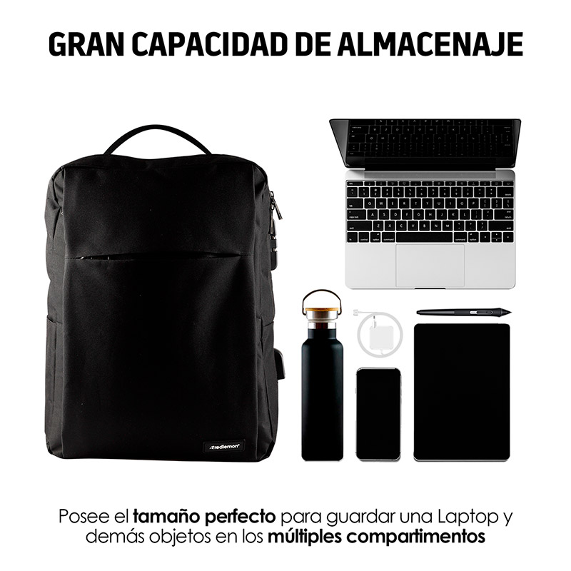 Redlemon Mochila para Laptop Antirrobo con Candado, Puerto USB para Power Bank no incluida, Resistente al Agua, Múltiples Compartimentos, Bolsillos Ocultos, Cómoda y Ligera, Ideal para Viajes