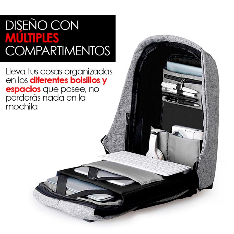 Redlemon Mochila Antirrobo Impermeable con Puerto USB para Power Bank (no incluida) y Compartimentos Secretos, Cierre Oculto de Protección, Fondo Reforzado, Espacio para Laptop y más, Ideal para Viaje