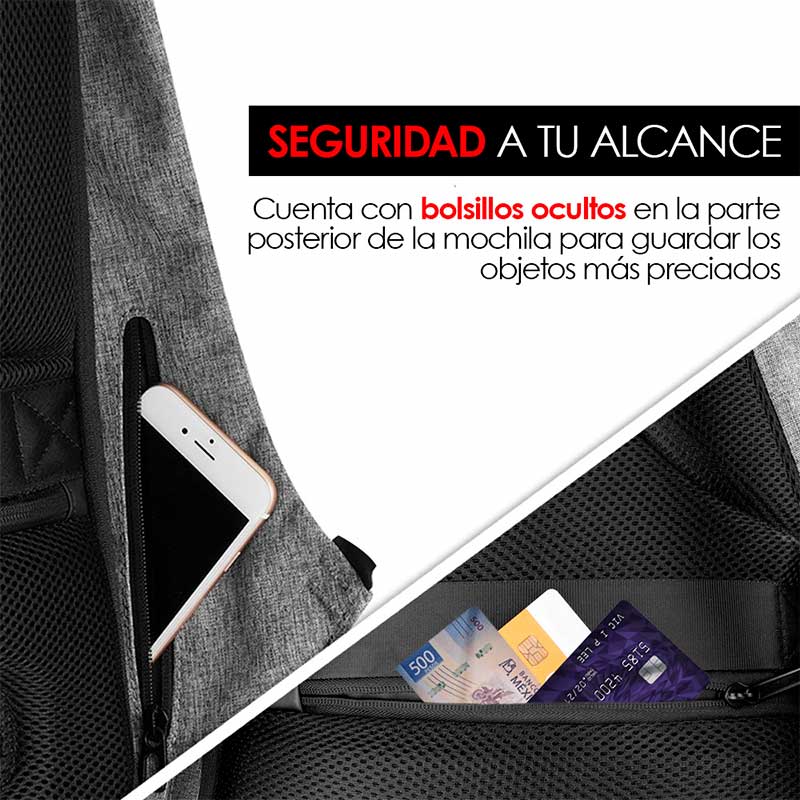 Redlemon Mochila Antirrobo Impermeable con Puerto USB para Power Bank (no incluida) y Compartimentos Secretos, Cierre Oculto de Protección, Fondo Reforzado, Espacio para Laptop y más, Ideal para Viaje
