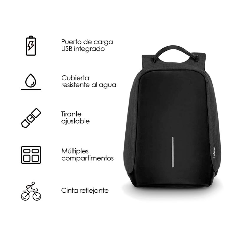 Redlemon Mochila Antirrobo Impermeable con Puerto USB para Power Bank (no incluida) y Compartimentos Secretos, Cierre Oculto de Protección, Fondo Reforzado, Espacio para Laptop y más, Ideal para Viaje
