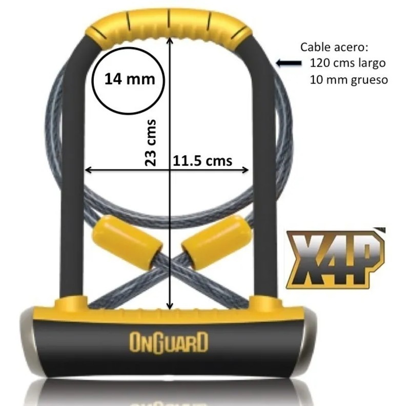 Candado OnGuard 8005 Bicicleta o Moto U-Lock Con Cable Nivel Seguridad 85 Grillete de 14mm