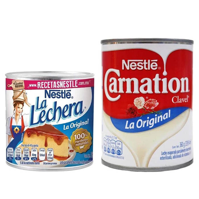 DUO PACK de Lechera condensada, lechera lata de 397g y Leche evaporada, clavel lata de 360g.
