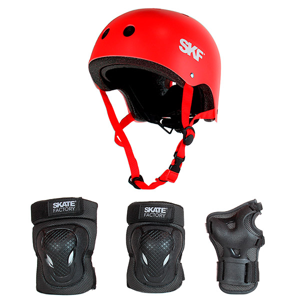KIT DE PROTECCIONES Y CASCO SKATE FACTORY ROJO