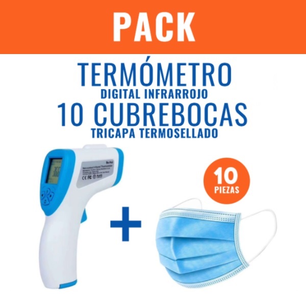 11 Pack Termómetro, Digital, Infrarrojo, Pantalla LCD Con Alarma de FIebre + 10 Cubrebocas Plisado Tricapa Termosellado Plisado