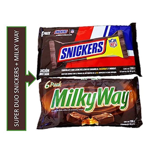 PAQUETE de 1 Chocolate Snickers con 6 barras y 1 Chocolate Milky Way con 6 barras.