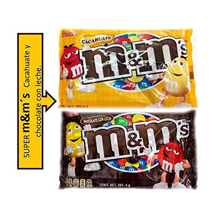 PAQUETE M&M´S de 1.- Chocolate Amarillo con cacahuate de 6 bolsitas y 1.-Chocolate Cafe Luneta paquete de 6 bolsitas.