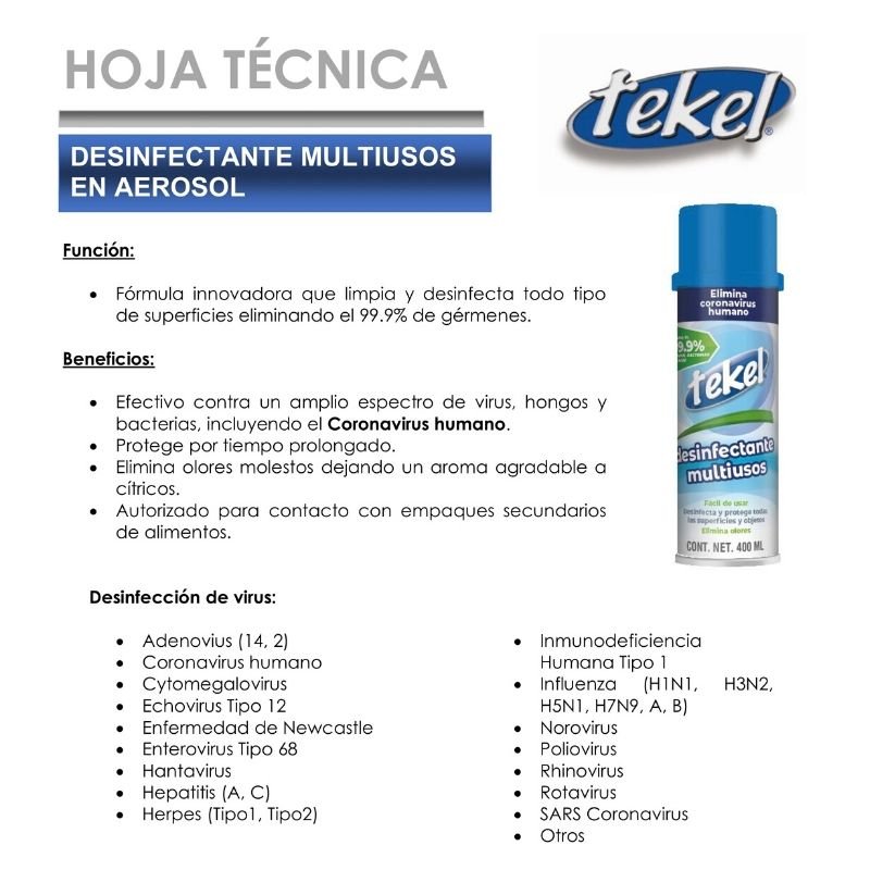Desinfectante Multiusos en Aerosol, Tekel, Sanitizante Antiviral y Antibacterial en Spray, 400 ml