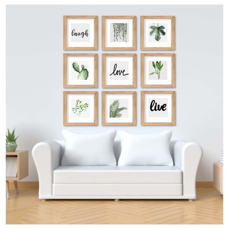 Set de 9 marcos color Maple Claro con Maria Luisa y cristal PASPARTÚ FRAMES