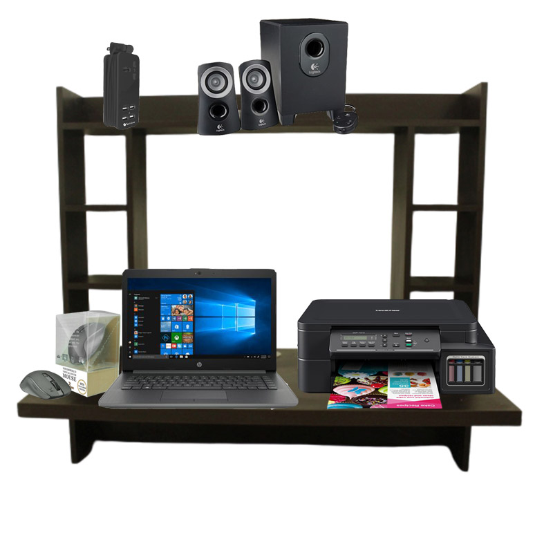 KIT HOME OFFICE ESCRITORIO PARA PARED + LAPTOP HP 14-CK0010LA CI3 4GB 1TB 14" +MULTIFUNCIONAL BROTHER T310 + BOCINAS LOGITECH Z313 + Estacion de carga