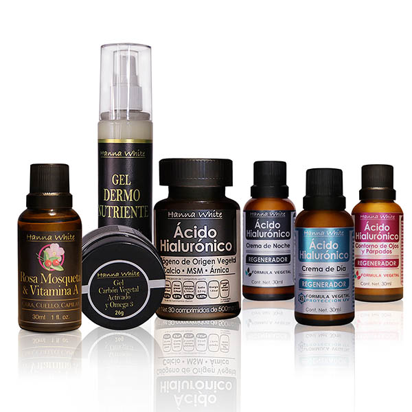 Kit Regenerador Gold de Ácido Hialurónico I Antiarrugas I Crema día + noche + contorno de ojos + aceite Rosa Mosqueta 30ml + mascarilla carbón activado 125ml + 30 caps de Ácido Hialurónico I Hanna White