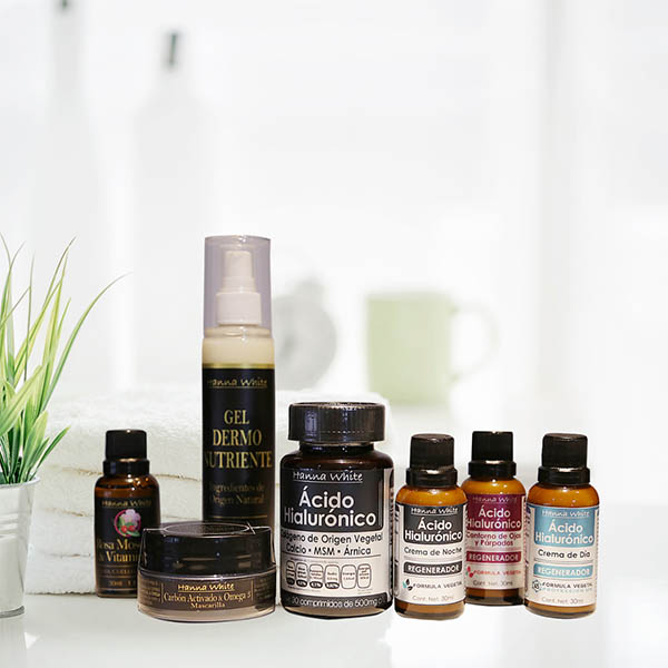 Kit Regenerador Gold de Ácido Hialurónico I Antiarrugas I Crema día + noche + contorno de ojos + aceite Rosa Mosqueta 30ml + mascarilla carbón activado 125ml + 30 caps de Ácido Hialurónico I Hanna White