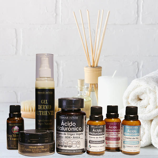 Kit Regenerador Gold de Ácido Hialurónico I Antiarrugas I Crema día + noche + contorno de ojos + aceite Rosa Mosqueta 30ml + mascarilla carbón activado 125ml + 30 caps de Ácido Hialurónico I Hanna White