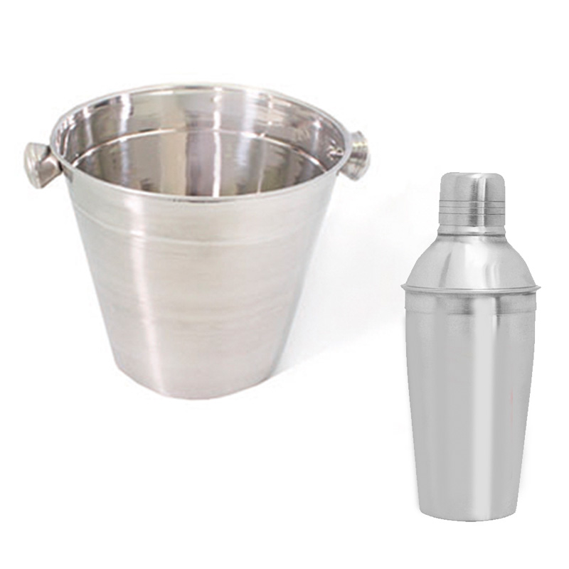 Set de Bar / fiesta 2 piezas hielera + cocktelero shaker mezclador, acero inoxidable