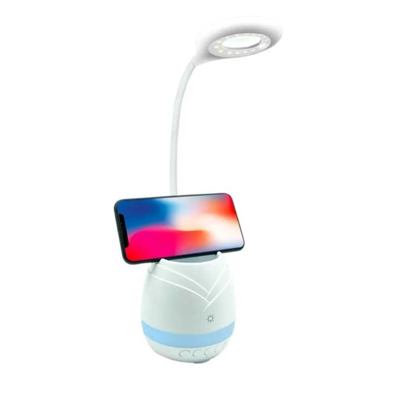 Lampara de escritorio con bocina incluye soporte para celular y porta lapices cuenta con touch y luz ambiental 