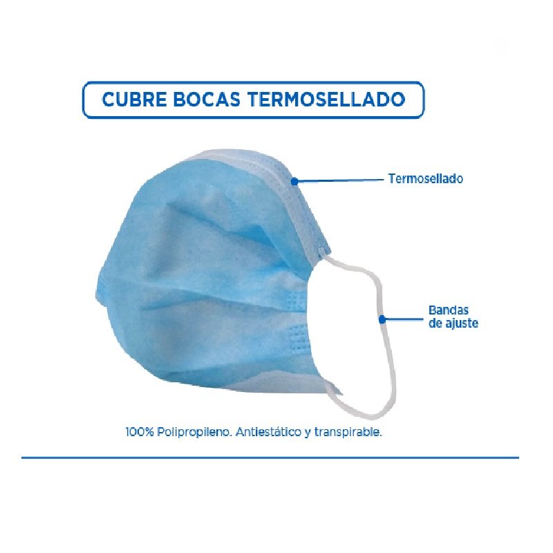 50 pcs Cubrebocas Tricapa Termosellado plisado , Tapabocas, Mascarilla con ajustador nasal 