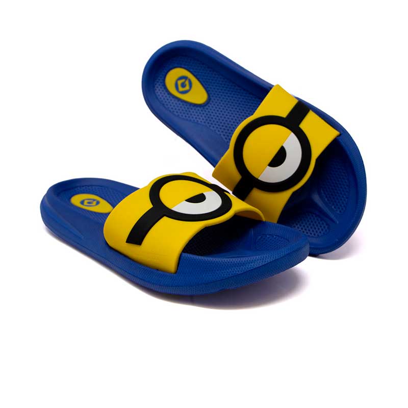 Sandalia Slide Para Niño Minions Azul Estampado Ojo Minions
