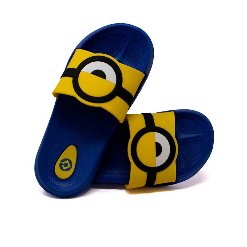 Sandalia Slide Para Niño Minions Azul Estampado Ojo Minions