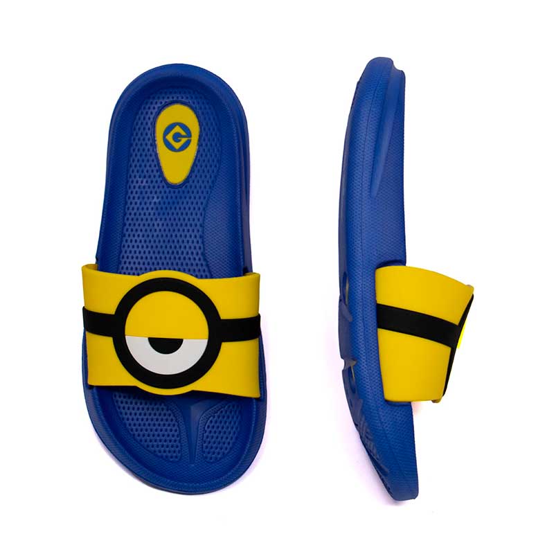 Sandalia Slide Para Niño Minions Azul Estampado Ojo Minions