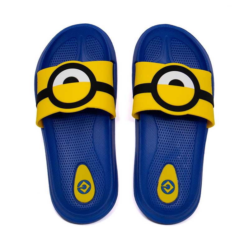 Sandalia Slide Para Niño Minions Azul Estampado Ojo Minions