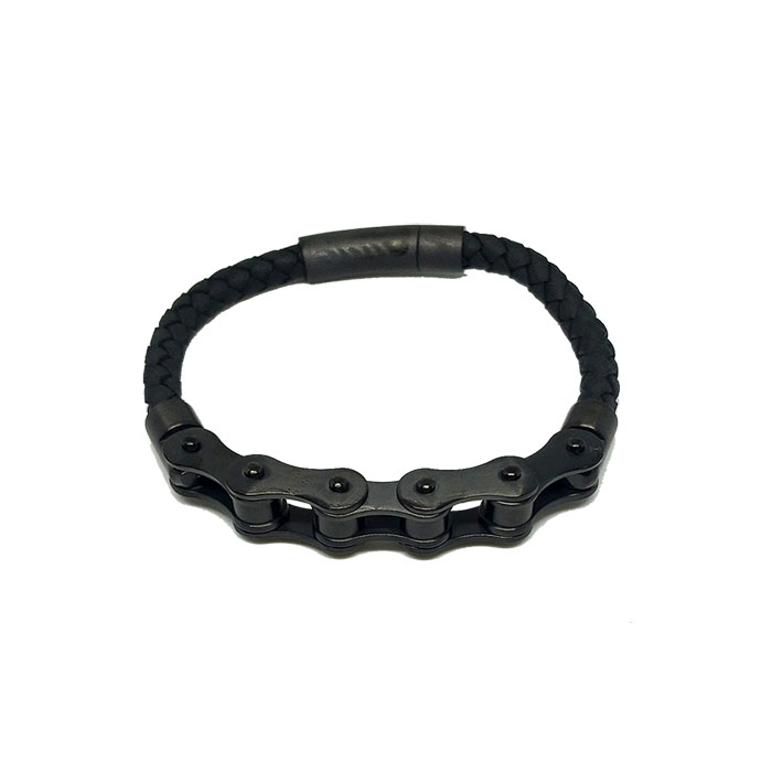 Pulsera Caballero Piel Genuina + Acero Quirurgico 316L Cadena MEC negra