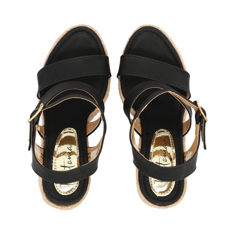 Sandalia De Plataforma Yute Para Mujer Color Negro Con Tiras