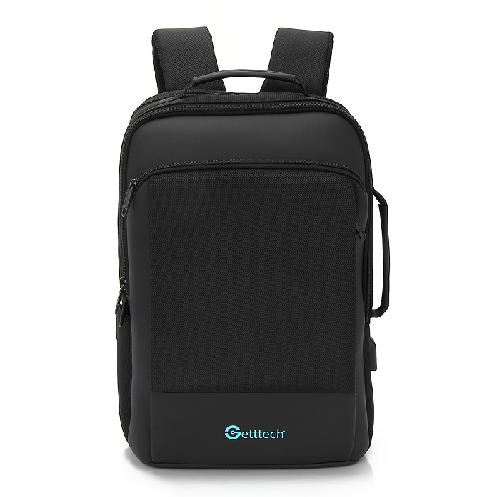 Mochila Getttech Bold p/laptop 15.6", textil, resistente al agua, cargador usb, negro (GMB-22004)