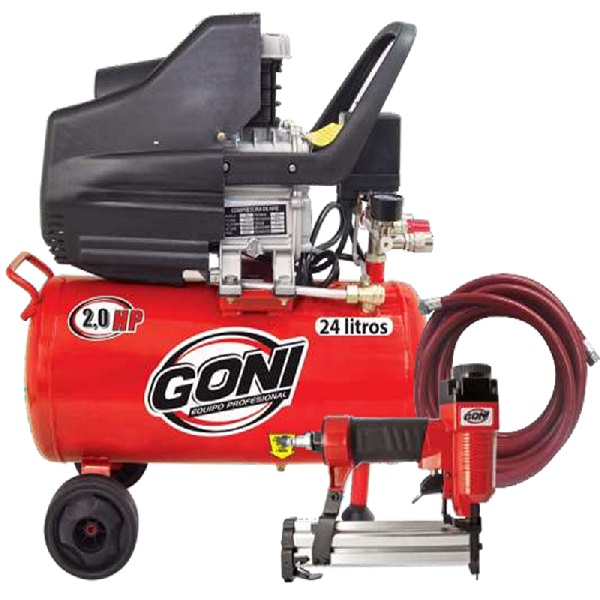 Kit Carpintero: Compresor lubricado de 2HP y tanque 24 lt Mod 930, Manguera 11000 y Clavadora 640 goni