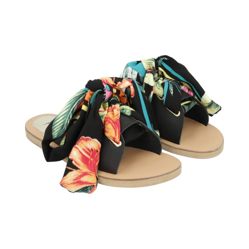 Sandalia De Piso Para Mujer Color Negro Y Listón Multicolor