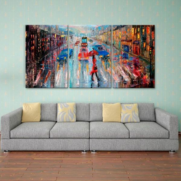 Cuadros Decorativos Imitación Óleo Mujer con Paraguas Cruzando la Calle  MobileCity Set 3 piezas 40 x 60