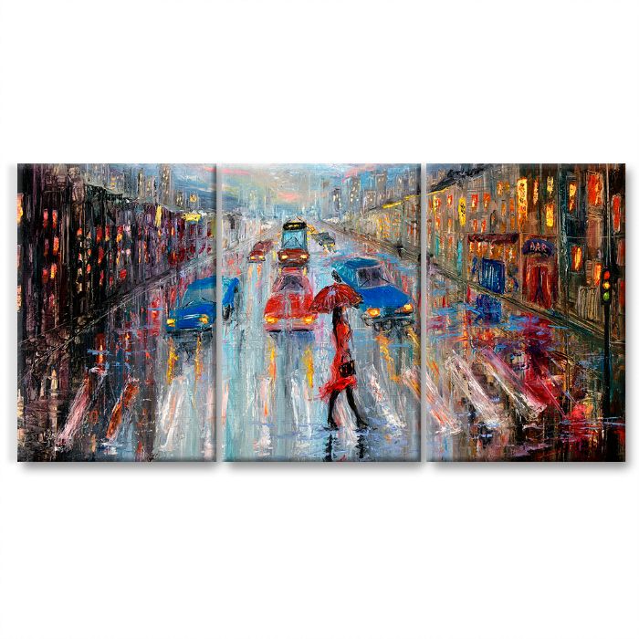 Cuadros Decorativos Imitación Óleo Mujer con Paraguas Cruzando la Calle  MobileCity Set 3 piezas 40 x 60