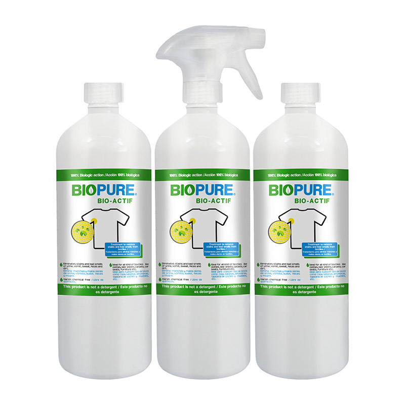 Tratamiento para quitar malos olores y manchas en textiles - Elimina manchas y malos olores de orina, vómito, sudor, heces y mugre - Acción 100% Biológica (3 Litros)