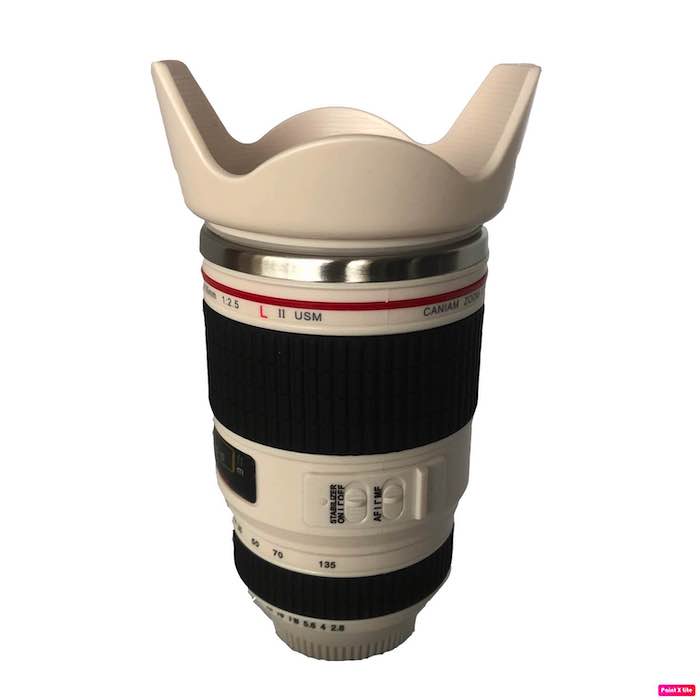 TAZA TERMO CON FORMA DE LENTE FOTOGRAFICO 400 ml PARASOL, MARCA CANIAM INCLUYE TAPA TRANSPARENTE ADICIONAL