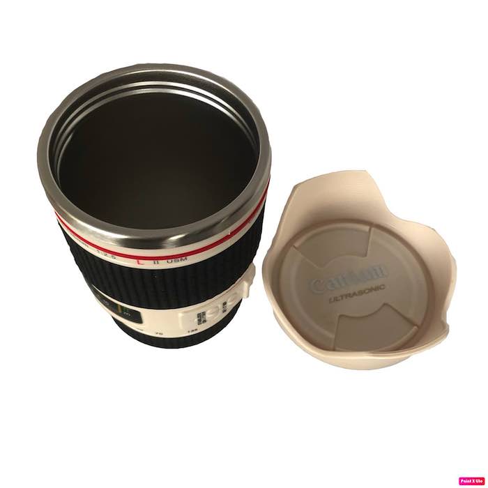TAZA TERMO CON FORMA DE LENTE FOTOGRAFICO 400 ml PARASOL, MARCA CANIAM INCLUYE TAPA TRANSPARENTE ADICIONAL