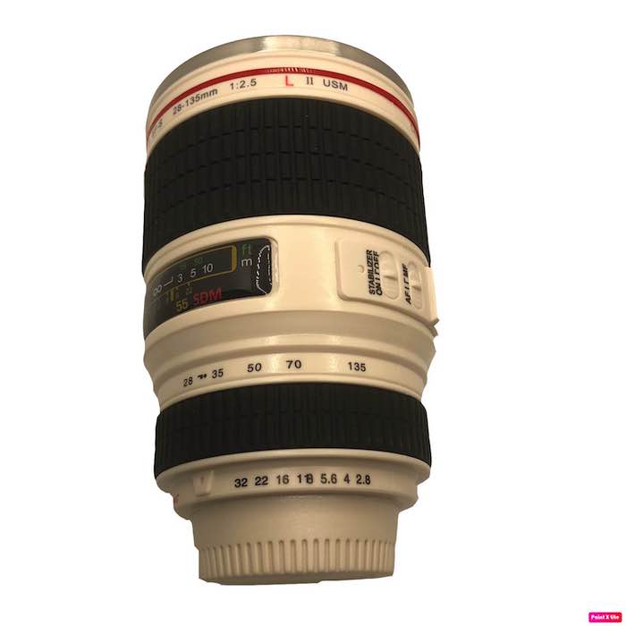 TAZA TERMO CON FORMA DE LENTE FOTOGRAFICO 400 ml PARASOL, MARCA CANIAM INCLUYE TAPA TRANSPARENTE ADICIONAL