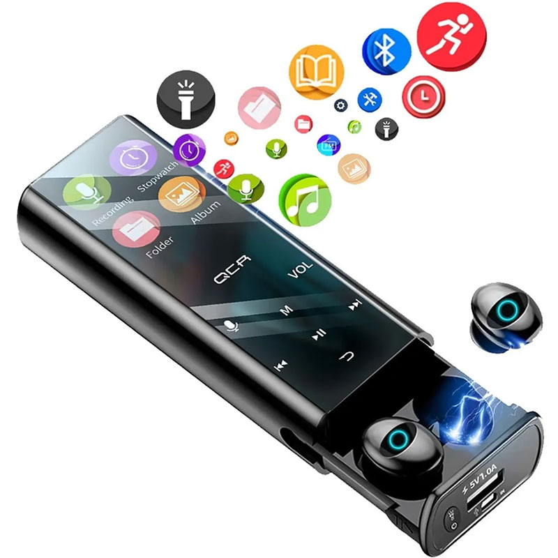 Reproductor Mp3 Touch con Audifonos Manos Libres y Power Bank Mega Bass