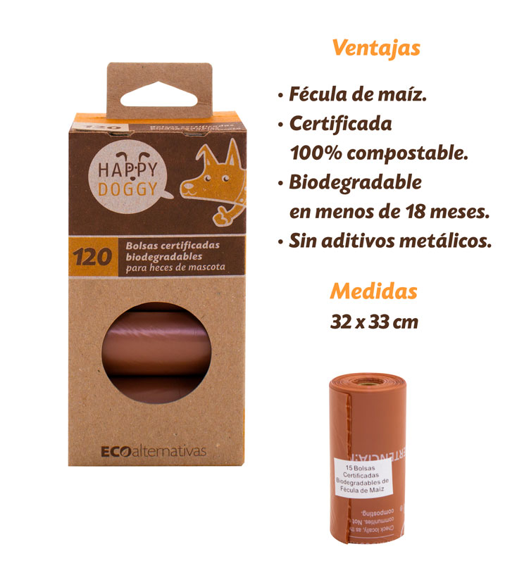 HappyDoggy Bolsa certificada compostable para heces de Mascota con 120pzs de Ecoalternativas