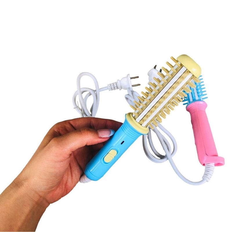 Mini Cepillo Rizador de Cabello Eléctrico, LBP, Portátil, 17.5cm (6.8in) - Color Azul/Amarillo