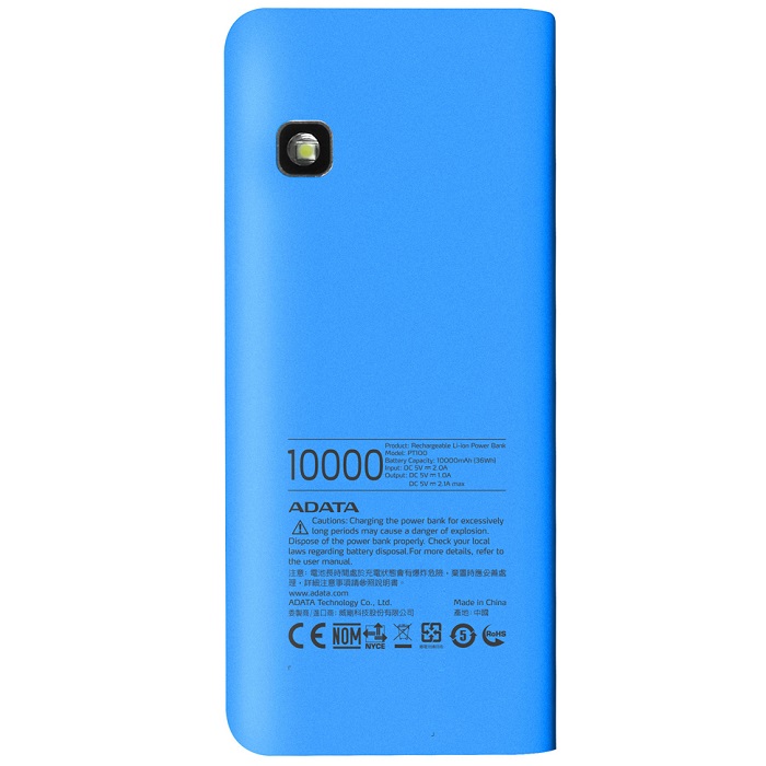 Bateria Portatil USB Adata PT100 Power Bank Cargador 10000mAh Azul/Blanco APT100-10000M-5V-CBLWH
