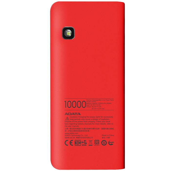 Bateria Portatil USB Adata PT100 Power Bank Cargador 10000mAh Rojo/Naranja APT100-10000M-5V-CRDOR