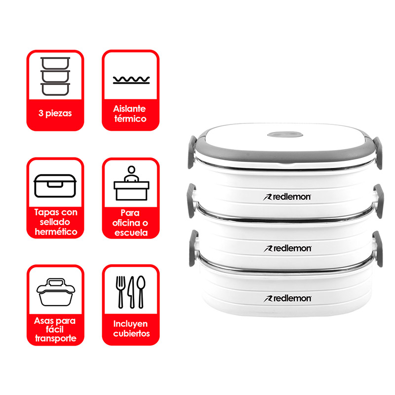 Lonchera Térmica Bento Box 3 Contenedores Acero Redlemon.