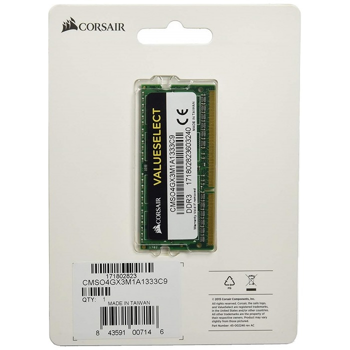 Memoria Ram DDR3 Sodimm Corsair 1333 MHz 4 GB PC3-10600 CMSO4GX3M1A1333C9.