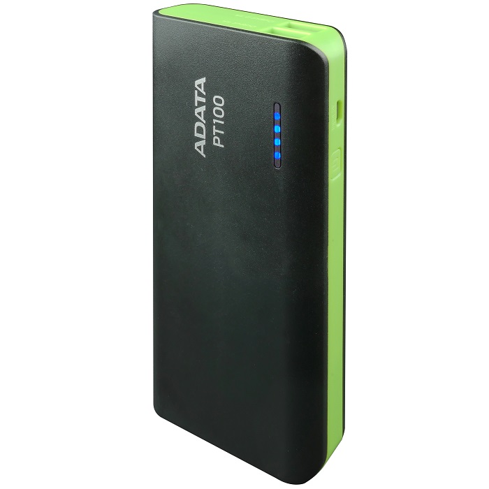 Bateria Portatil USB Adata PT100 Power Bank Cargador 10000mAh Negro/Verde APT100-10000M-5V-CBKGR