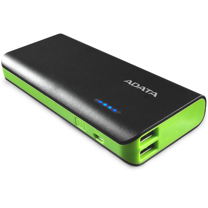 Bateria Portatil USB Adata PT100 Power Bank Cargador 10000mAh Negro/Verde APT100-10000M-5V-CBKGR