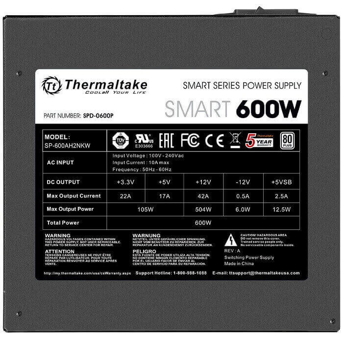 Fuente De Poder Thermaltake SMART 600W 80 Plus SPD-0600P PS-SPD-0600NPCWUS-W