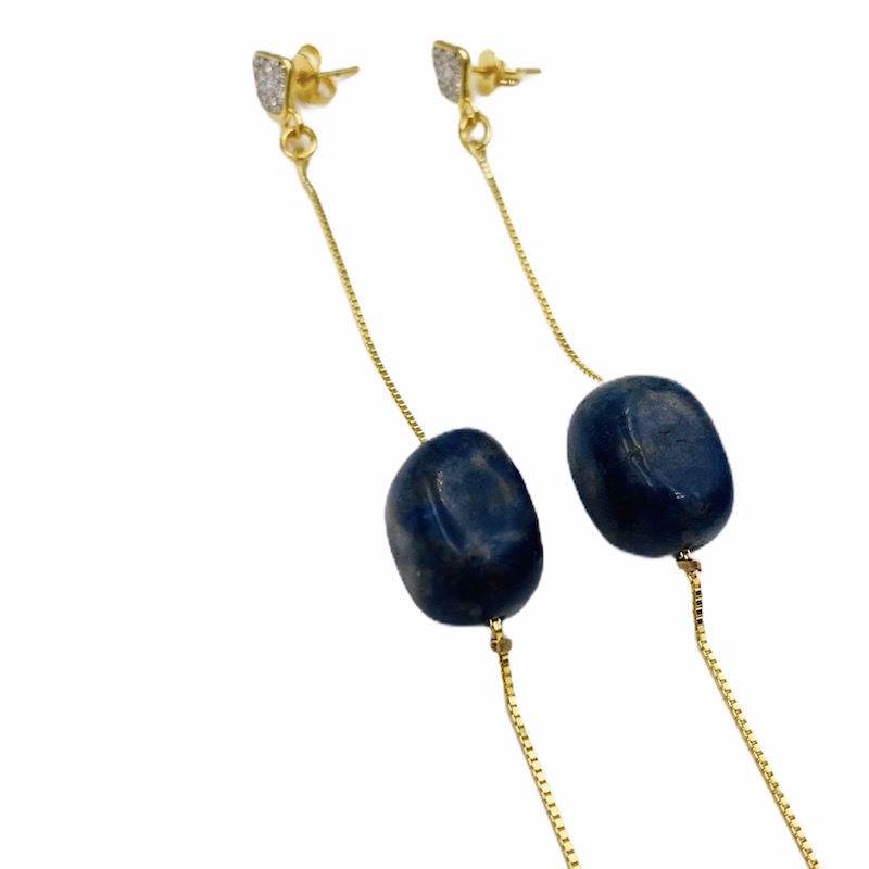 Aretes Hilo Piedra Azul-Baño de Oro 18K-Dorado