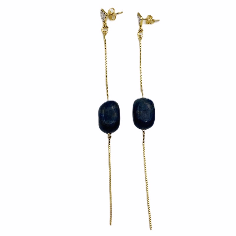 Aretes Hilo Piedra Azul-Baño de Oro 18K-Dorado