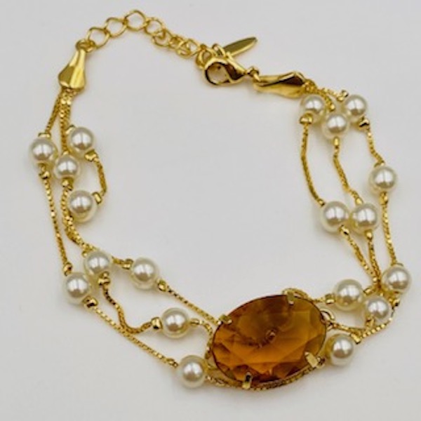 Pulsera Perlitas y Piedra Caramelo-Baño de Oro 18K-Dorado