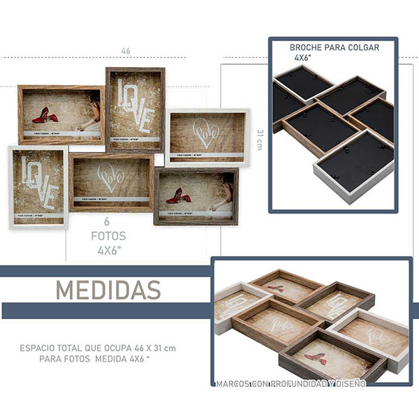 ELEGANTE MODERNO 6 MULTIMARCOS FIJOS, PORTARETRATO DE MADERA HW067  4X6 MULTIFOTOS
