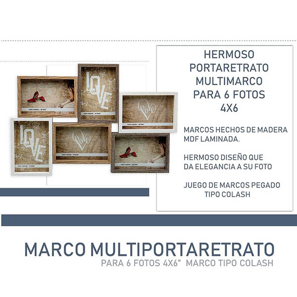 ELEGANTE MODERNO 6 MULTIMARCOS FIJOS, PORTARETRATO DE MADERA HW067  4X6 MULTIFOTOS